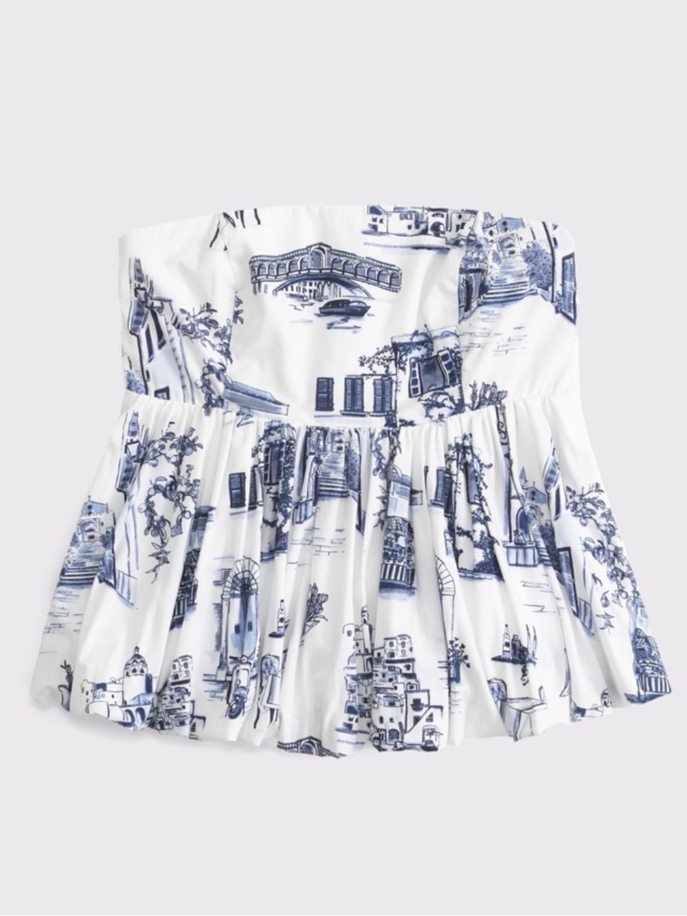Abercrombie & Fitch White Strapless Peplum Top with Blue Scenic Print